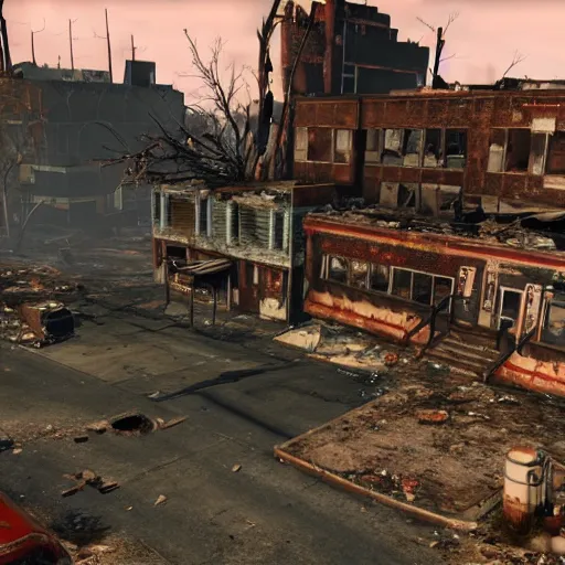 Prompt: tornado in tornado alley, town in ruins post - nuclear war in fallout 4, in game screenshot