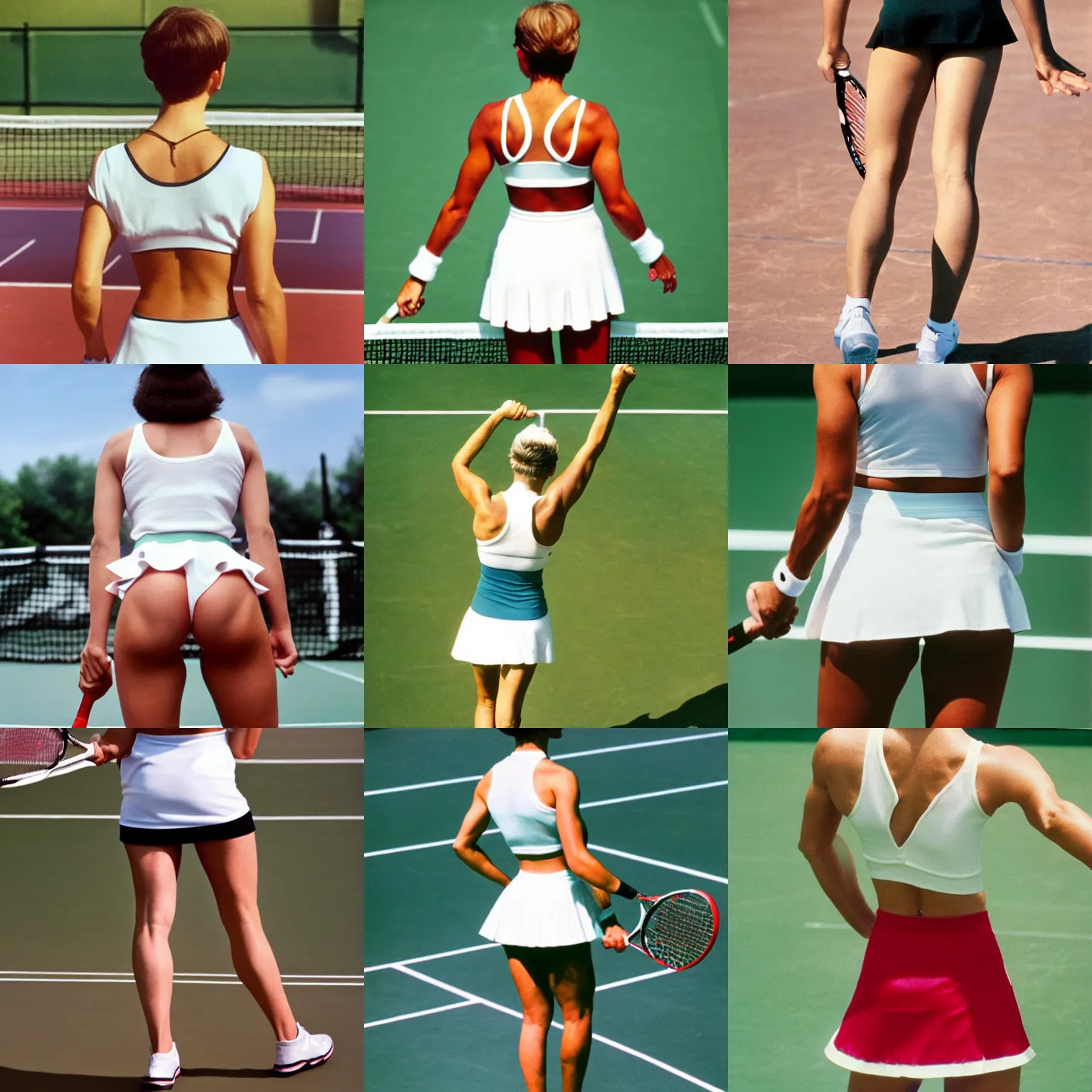 Prompt: A muscular woman, tennis wear, white mini-skirt, short hair, tights, ; the tennis coat, summer; 90's professional color photograph, close up, view from behind.