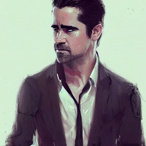 Image similar to “Portrait of Colin Farrell by Greg Rutkowski, young, attractive, highly detailed portrait, scifi, digital painting, artstation, concept art, smooth, sharp foccus ilustration, Artstation HQ”