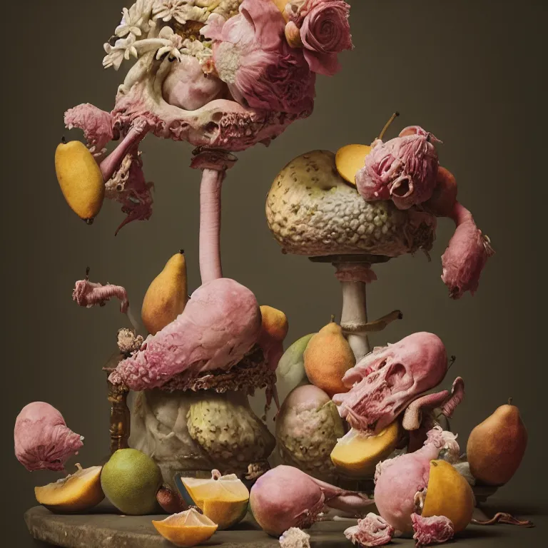 Prompt: still life of rotten flesh, beautiful pastel flowers, human spine, tropical fruit baroque painting, beautiful detailed intricate insanely detailed octane render, 8K artistic photography, photorealistic