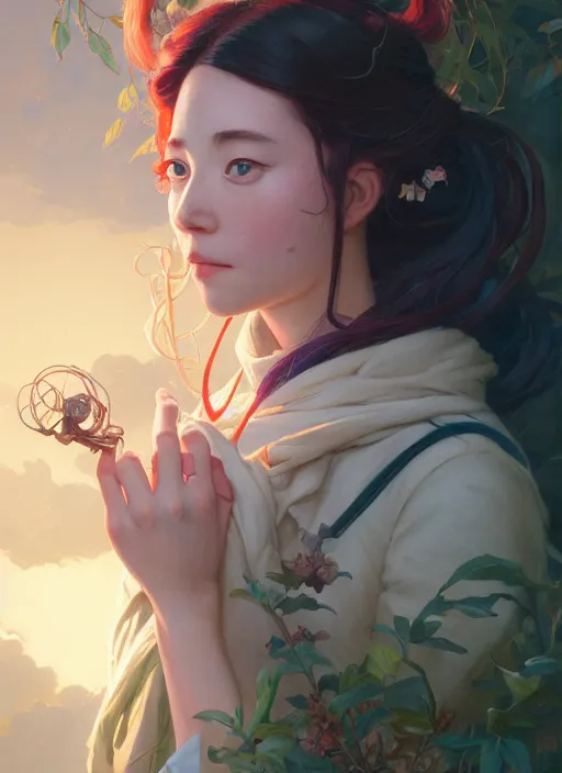 Image similar to highly detailed portrait of calliope mori, stephen bliss, unreal engine, greg rutkowski, loish, rhads, ferdinand knab, makoto shinkai and lois van baarle, ilya kuvshinov, rossdraws, tom bagshaw, alphonse mucha, global illumination, radiant light, detailed and intricate environment