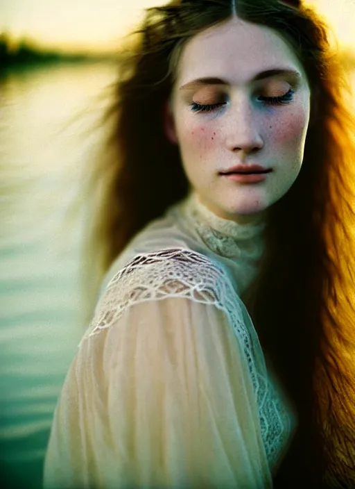 Prompt: Kodak Portra 400, 8K, soft light, volumetric lighting, highly detailed, sharp focus,britt marling style 3/4, Close-up portrait photography of a beautiful woman how pre-Raphaelites a woman with her eyes closed is surrounded by water , face is surrounded by Water Circle. she has a beautiful lace dress and hair are intricate with highly detailed realistic beautiful flowers , Realistic, Refined, Highly Detailed, natural outdoor soft pastel lighting colors scheme, outdoor fine art photography, Hyper realistic, photo realistic