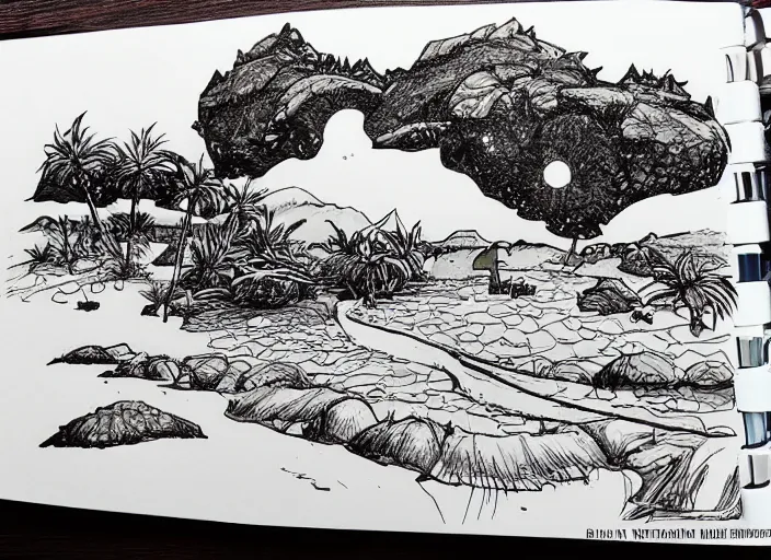 Prompt: illustration of a beach landscape, (inktober), line art, ((water color)), by Bill Waterson, By Jake Parker, by Brian Kesinger