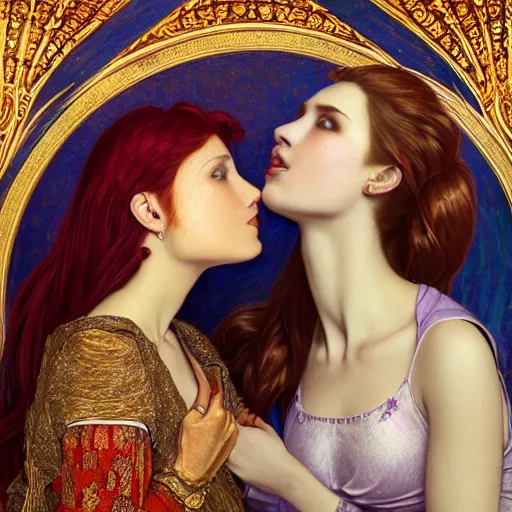 Prompt: a highly detailed byzantine painting of three sultry red haired vampire queens sharing a soft kiss under a waterfall in a gossamer purple dress, epic fantasy, viewed in profile from far away, ultrawide lens, art by artgerm and greg rutkowski and alphonse mucha, volumetric lighting, 4 k resolution, trending on artstation, masterpiece