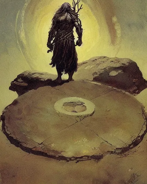 Image similar to a druid standing in a circle at the beginning of the world by frank frazetta