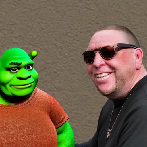 Image similar to Shaun Ryder taking a selfie with Shrek in real life, Realistic, HD Quality, 8k Resolution, Digital Art, Trending on Artstation