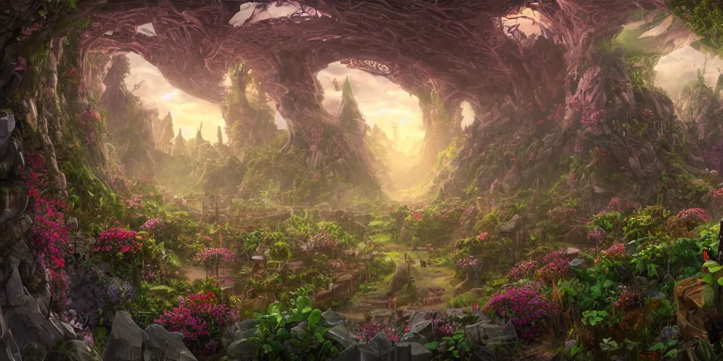 Prompt: a large zelda windwalker dungeon entrance in the valley of infinite flowers, filled with plants and habitats, hyper detailed, dieselpunk, technology, cinematic atmosphere, trending on artstation, cgsociety, pressed penny art