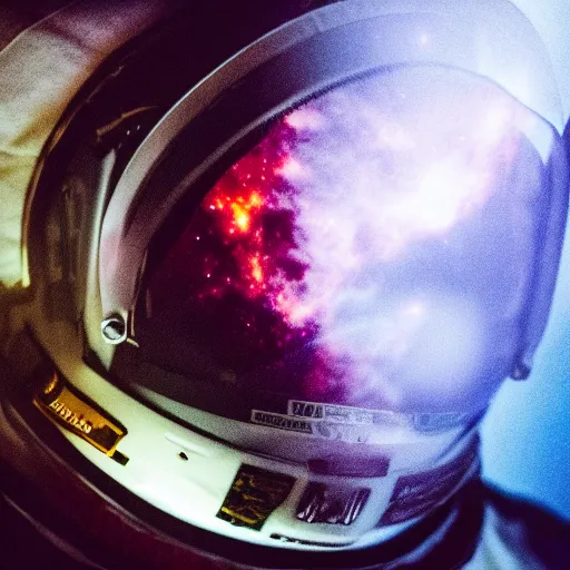 Prompt: close - up dark low exposure photograph portrait of an astronaut, dark visor, no face, visor is reflecting a nebula, cinematic, dramatic, studio lighting, rim lighting, high quality, hd, 8 k