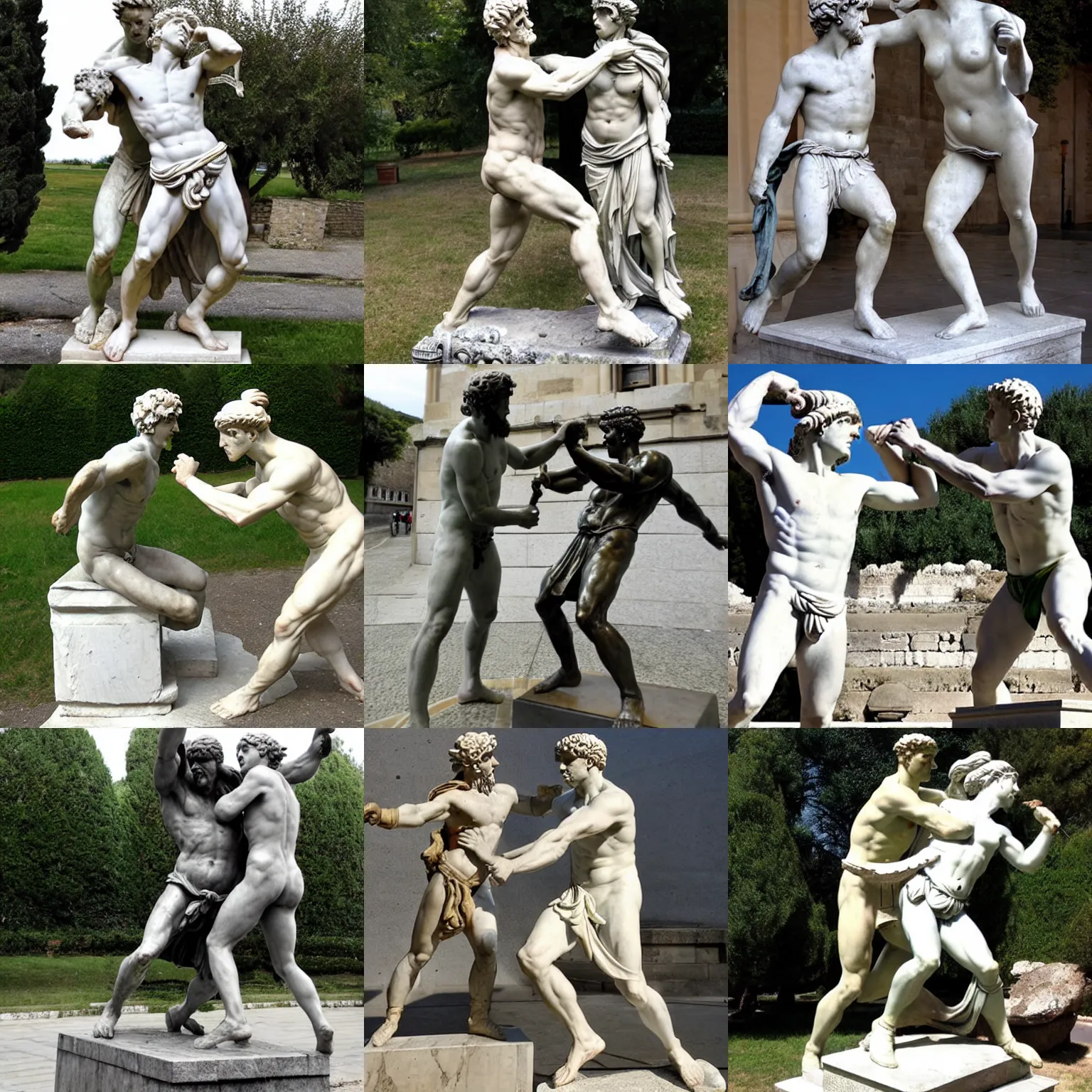 Prompt: classic roman statue engaged in mortal combat with a classic greek statue