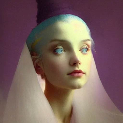 Prompt: a young woman's face, her hair is white and she wears an indigo purple satin cloak, by ivan aivazovsky and syd mead and moebius and gaston bussiere and roger dean and pieter claesz and paul delaroche and alma tadema and aelbert cuyp and willem claesz, hyperrealistic, volumetric light, octane render