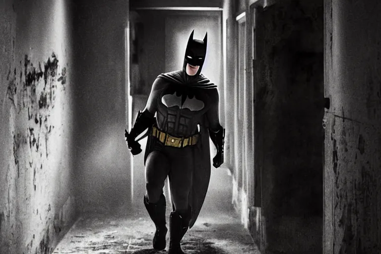 Image similar to batman wearing pink apron wielding an axe, chasing through old brown decrepit hallway, creepy smile, atmospheric eerie lighting, dim lighting, bodycam footage, photograph