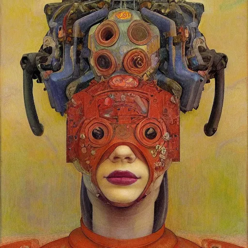 Prompt: the mechanical robot in her floral mask, by annie swynnerton and diego rivera and nicholas roerich and jean delville, symbolist, dramatic lighting, elaborate geometric ornament, art brut, soft cool colors, smooth, sharp focus, extremely detailed, adolf wolfli and donato giancola