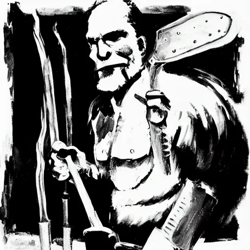 Prompt: norwegian troll blacksmith with sledgehammer and fire profile portrait half body monochrome portrait hammer dramatic kvlt by peder balke by guido crepax by norman bluhm mystic high contrast monochromatic noir