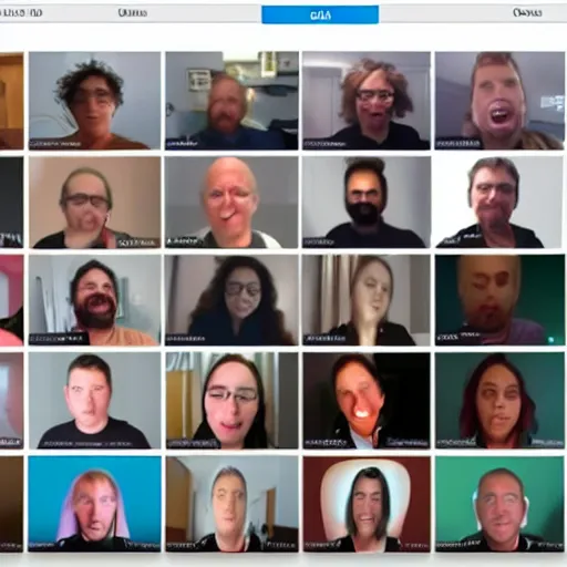 Image similar to zoom call conference with 2 0 people, all screaming at each other with their microphones off, screenshot from a macosx