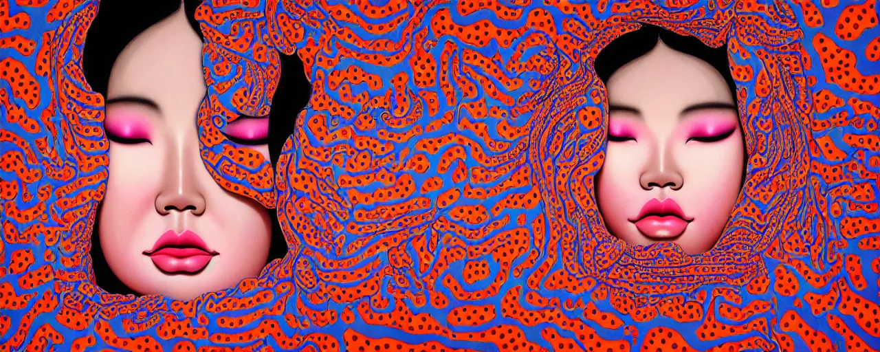 Image similar to realistic detailed image of a geisha laying down in a padded room, conjuring psychedelic background, part by yayoi kusama, part by alex gray, part by ross tran, part by james jean, ultra realistic, highly detailed, life like face, detailed body, 8 k, octane render, trending on artstation, very cohesive, masterpiece