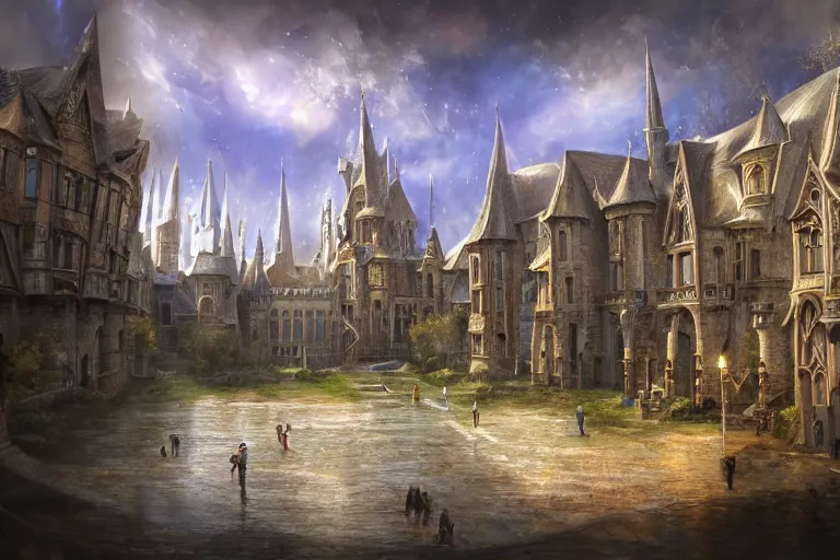 Image similar to A magical college viewed from the outide, texture, intricate, details, highly detailed, masterpiece, architecture, building, trending on artstation, focus, sharp focus, concept art, digital painting, fantasy, sunny, day, midday, in the style of Wizards of the Coast