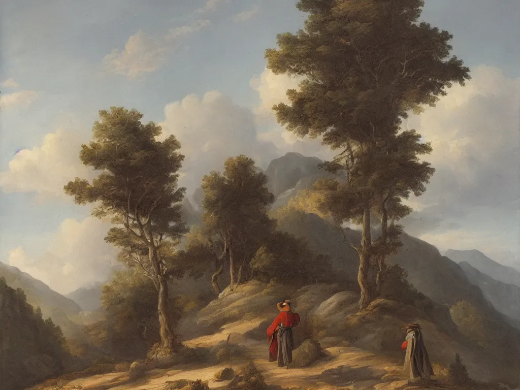 Prompt: a man in a grey cloak and brimmed hat with a staff travelling trough the mountains with trees in the style of neo-romanticism, very detailed, colorful, oil painting, clouds