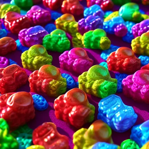 Image similar to an eldritch candy land full of crocheted gummy bears, ultra realistic, artstation, unreal engine, highly detailed, realistic lighting, dynamic shading