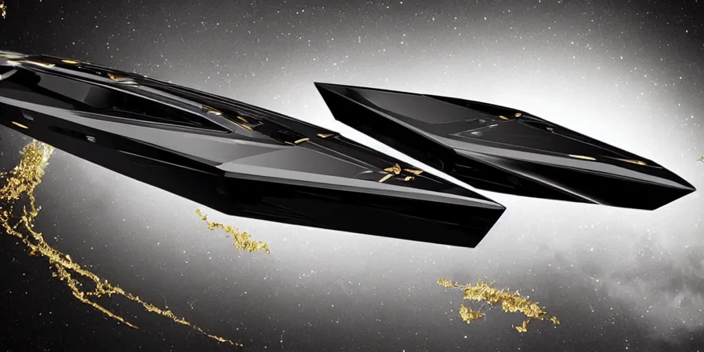 Image similar to a sleek interstellar warship in gleaming obsidian black and scintillating 24K gold designed by HP