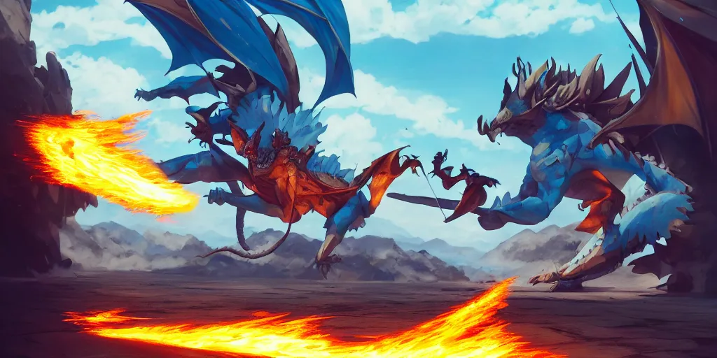 Prompt: dragon spits fire on a blue knight holding a gold sword, a green hatchback car is nearby, low wide angle, anime, desert landscape, greg rutkowski, Murata, one punch man manga, cinematic, digital art, hyper realistic