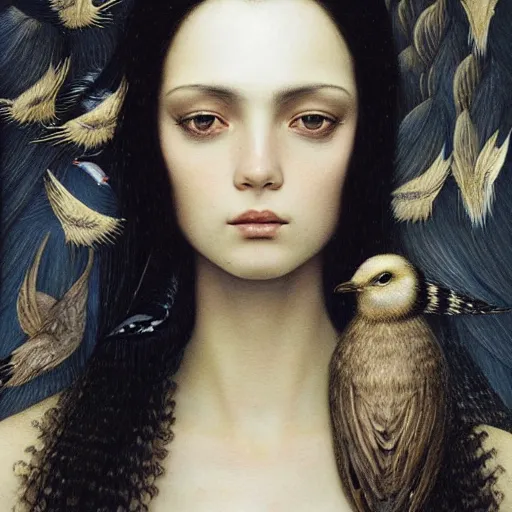 Image similar to highly detailed ilustration of a beautiful cute girl with birds, endless black hair, with pale skin, by nicola samuri, by dino valls, by m. w. kaluta, rule of thirds, seductive look, 4 k resolution