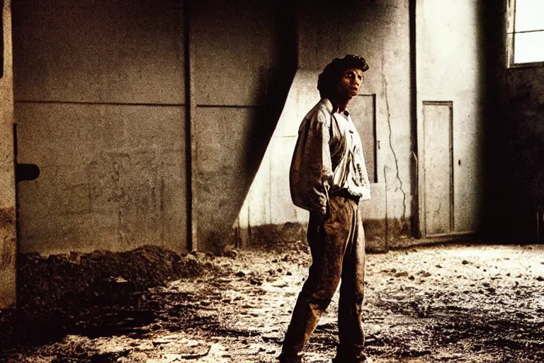 Image similar to a cinematic!! headshot photograph!! of a male, stood in a factory, dirt, film still, cinematic lighting, by bill henson