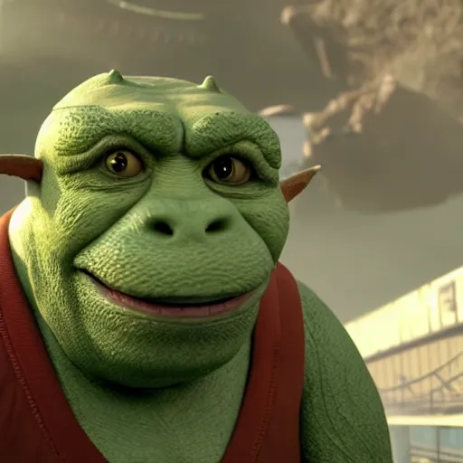 Prompt: mr. bean godzilla yoda donkey kong pikachu yeti shrek spongebob homer groot in gears of war, splash art, movie still, detailed face, photorealistic facial features, cinematic lighting, dramatic, octane render, long lens, shallow depth of field, bokeh, anamorphic lens flare, 8 k, hyper detailed, 3 5 mm film grain