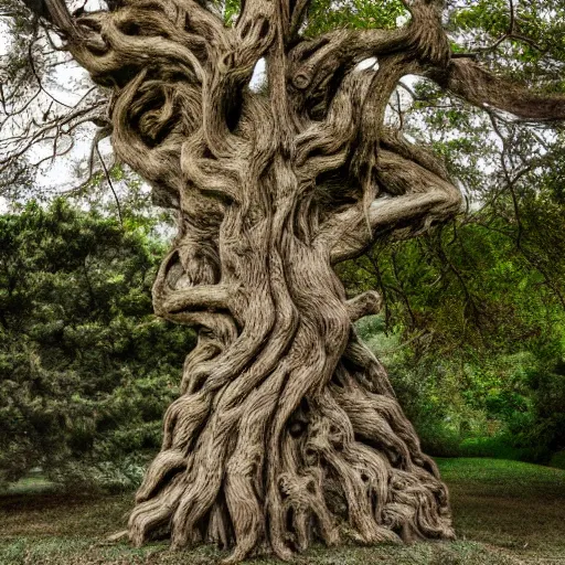 Image similar to an old living tree with a carving of the goddesses fraya, award winning photo, day time photos, 8 k photography.