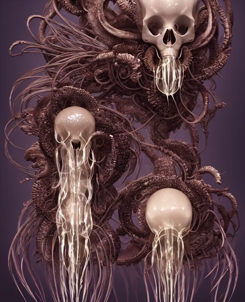 Image similar to goddess close-up portrait ram skull. eyes. jellyfish phoenix head, nautilus, orchid, skull, betta fish, bioluminiscent creatures, intricate artwork by Tooth Wu and wlop and beeple. octane render, trending on artstation, greg rutkowski very coherent symmetrical artwork. cinematic, hyper realism, high detail, octane render, 8k