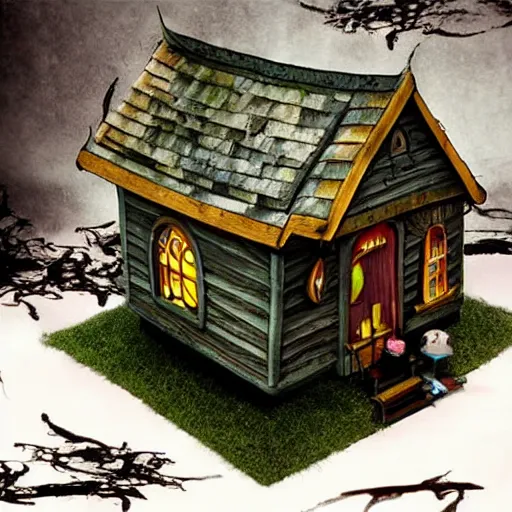 Prompt: strange darkness tiny house by Tim Burton, (by Tim Burton) dark forest background, volumetric lighting