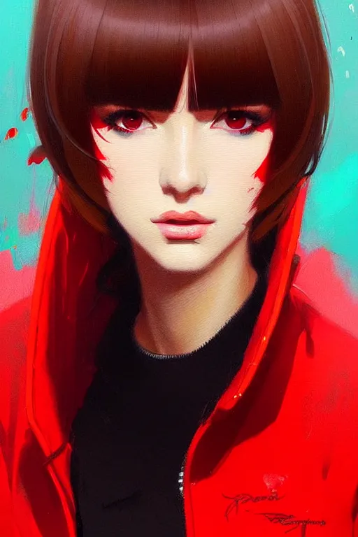 Image similar to a ultradetailed beautiful painting of a stylish woman with bangs in a red jacket, by greg rutkowski, conrad roset and ilya kuvshinov trending on artstation