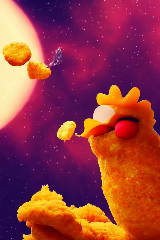 Image similar to A flower eating a chicken nugget in space. ArtStation. Octane render