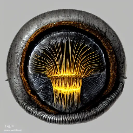 Image similar to beautiful roud mushroom cap - alien, bottom view, luminous lamellae are clearly visible, Giger, black background, hyper realism, epic composition