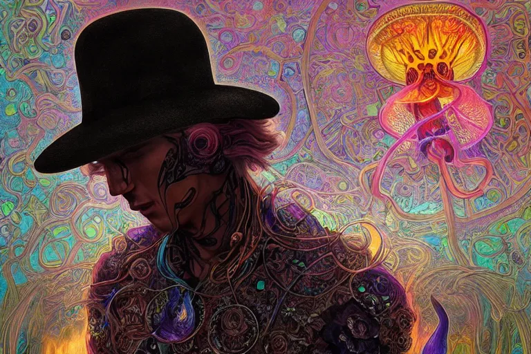 Image similar to An extremely psychedelic celestial undertaker in his black fedora hat, colorful, surreal, dramatic lighting, magic mushrooms, psilocybin, LSD, face, detailed, intricate, elegant, highly detailed, digital painting, artstation, concept art, smooth, sharp focus, illustration, art by Krenz Cushart and Artem Demura and alphonse mucha