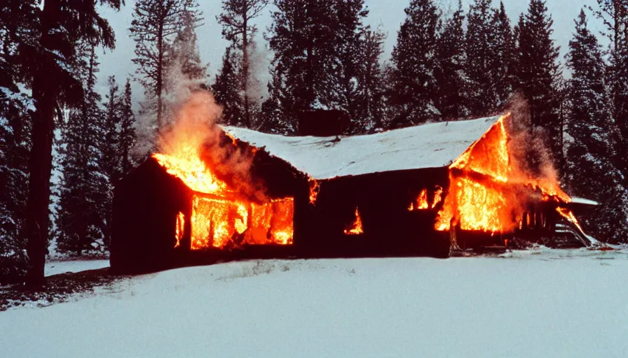 Image similar to 1 9 7 0 s movie still of a frozen burning house in a snowy pine forest, cinestill 8 0 0 t 3 5 mm, high quality, heavy grain, high detail, texture, dramatic light, ultra wide lens, panoramic anamorphic, hyperrealistic,