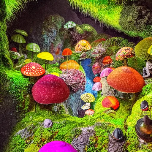 Prompt: a colorful fungus garden in a cave, birds eye view, hiroo isono, dark, foggy, cavern, underground!!!!, beetles running through the moss, psychedelic, river running through it