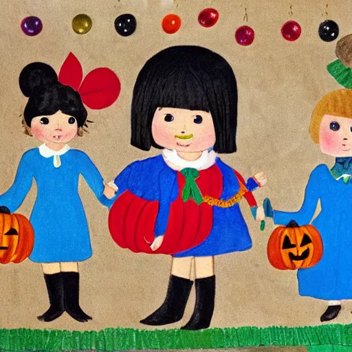 Prompt: children's book illustration of little girl black hair cut in a bob with bangs wearing a blue dress with jingle bells sewn all over at a halloween costume parade in the style of henry darger