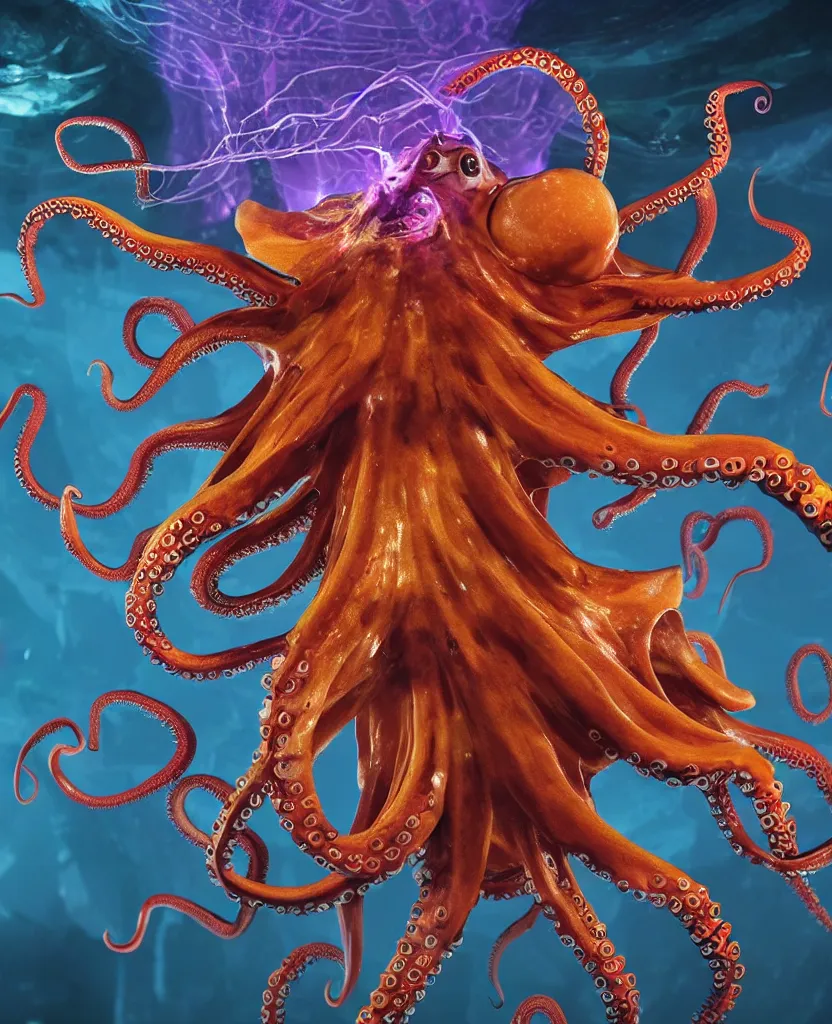 Prompt: close-up portrait of an octopus in a twisted flowers octopus mask in a spaceman suit surrounded by energy flow, epic angle and pose, symmetrical artwork, 3d with depth of field, blurred background, floating octopus skull phoenix bird, translucent, nautilus, energy flows of water and fire. a highly detailed epic cinematic concept art CG render. made in Maya, Blender and Photoshop, octane render, excellent composition, cinematic dystopian brutalist atmosphere, dynamic dramatic cinematic lighting, aesthetic, very inspirational, arthouse. y Greg Rutkowski, Ilya Kuvshinov, WLOP, Stanley Artger Lau, Ruan Jia and Fenghua Zhong