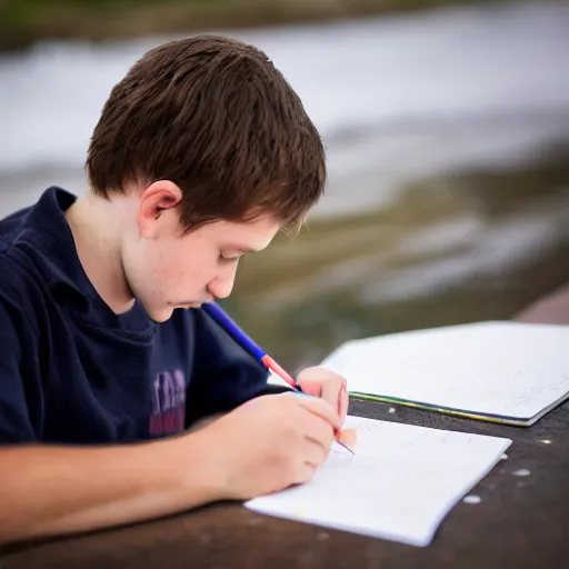 Image similar to Ethan Smith writing his next guide, (EOS 5DS R, ISO100, f/8, 1/125, 84mm, postprocessed, perfect picture, facial features)