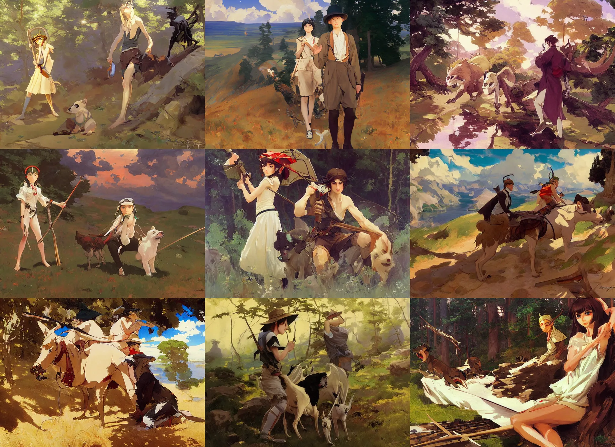 Prompt: painting by sargent and leyendecker and greg hildebrandt savrasov levitan polenov, studio ghibly anime style mononoke, middle earth hunting masterpiece