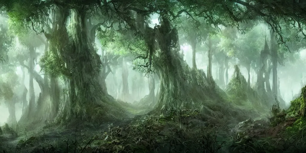 Image similar to beautiful matte painting of a fantasy forest