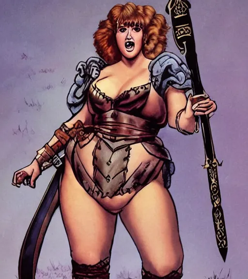Image similar to 1 9 8 0 s fantasy novel book cover, bbw plus size amazonian young molly ringwald in extremely tight bikini armor wielding a cartoonishly large sword, exaggerated body features, dark and smoky background, low quality print
