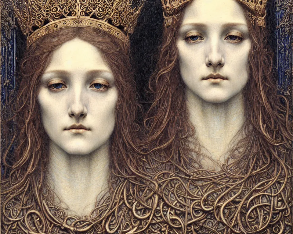 Image similar to detailed realistic beautiful young medieval queen face portrait by jean delville, gustave dore and marco mazzoni, art nouveau, symbolist, visionary, gothic, pre - raphaelite. horizontal symmetry