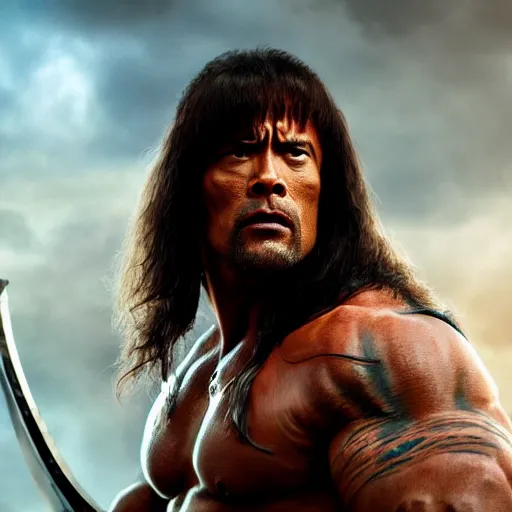 Image similar to Dwayne Johnson as Conan the Barbarian, 4k, artstation, cgsociety, award-winning, masterpiece, stunning, beautiful, glorious, powerful, fantasy art