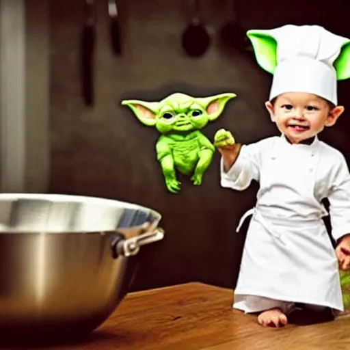 Image similar to tiny and innocent baby yoda appears as a chef wearing a white chefs hat and apron in a beautiful kitchen, preparing some food