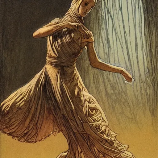 Image similar to a mummy dances, graphic novel style by alan lee and john howe