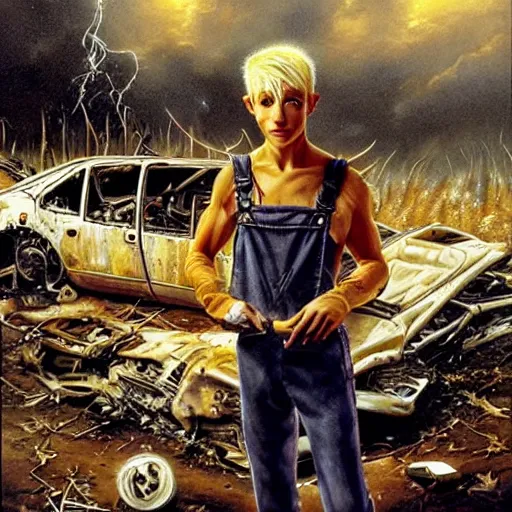 Image similar to a skinny elf with spiky blonde hair wearing dark brown overalls and holding dynamite standing next to a destroyed car, painting by Jim Burns