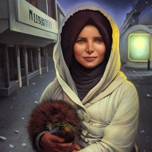 Image similar to A close up futuristic portrait of a babushka on the street of a Russian sleeping quarters on the moon, Norilsk, sci-fi, fantasy, intricate, very very beautiful, elegant, highly detailed, digital painting, artstation, concept art, smooth, sharp focus, illustration, art by artgerm and greg rutkowski and alphonse mucha