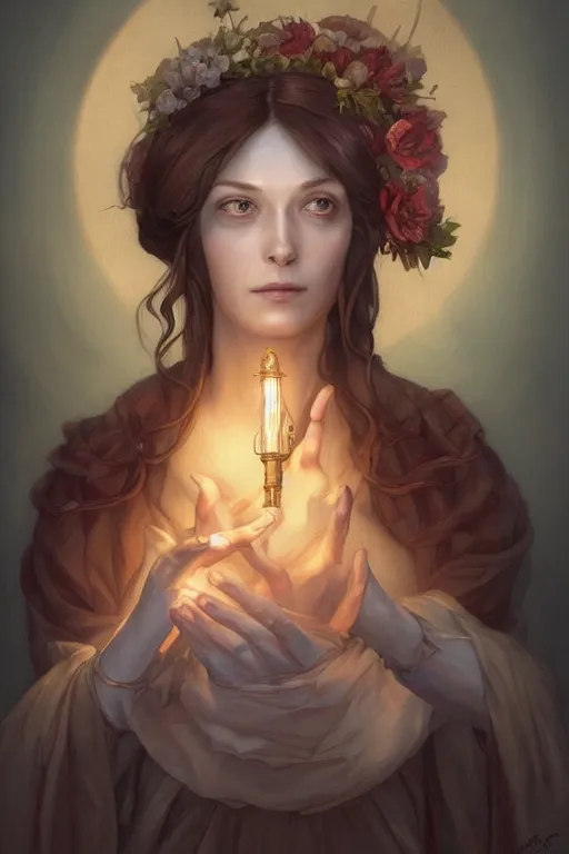 Prompt: portrait of florence nightingaleholding a faloon lamp to her heart ; by james jean, charlie bowater, tom bagshaw, nikolay makovsky, melanie delon : : enchanting, colorful, ethereal, portrait, manga character design, illustration, hyperrealism, photorealism, digital art, concept art, fantasymakoto shinkai takashi takeuchi studio ghibli