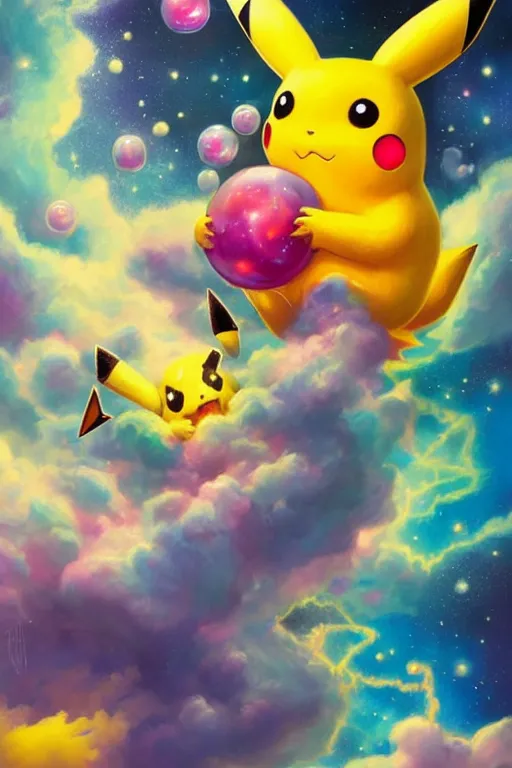 Prompt: pikachu covered with electricity, bubble gums, highly detailed, high contrast, light reflection, trippy, nebula, trending on artstation by artgem, by peter mohrbacher, by wlop, by ruan jia